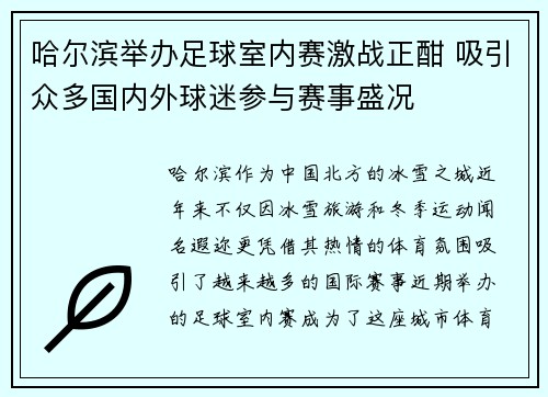 哈尔滨举办足球室内赛激战正酣 吸引众多国内外球迷参与赛事盛况