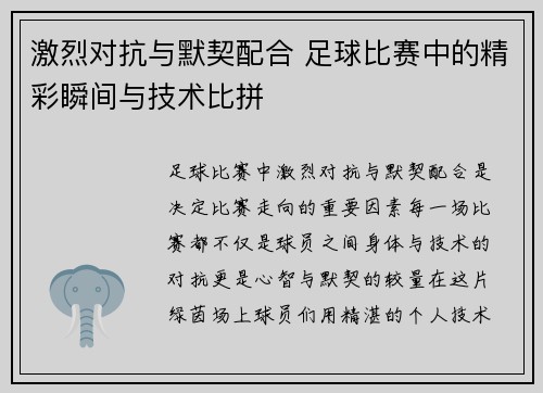 激烈对抗与默契配合 足球比赛中的精彩瞬间与技术比拼