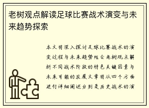 老树观点解读足球比赛战术演变与未来趋势探索