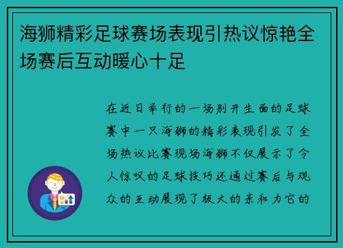 海狮精彩足球赛场表现引热议惊艳全场赛后互动暖心十足