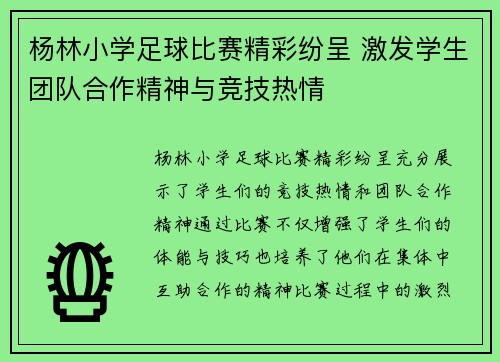 杨林小学足球比赛精彩纷呈 激发学生团队合作精神与竞技热情
