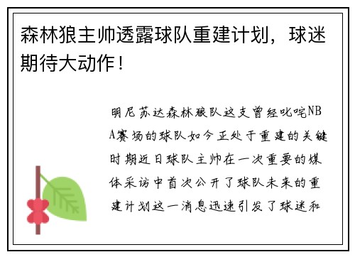 森林狼主帅透露球队重建计划，球迷期待大动作！