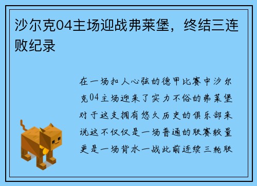 沙尔克04主场迎战弗莱堡，终结三连败纪录
