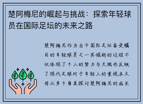 楚阿梅尼的崛起与挑战：探索年轻球员在国际足坛的未来之路