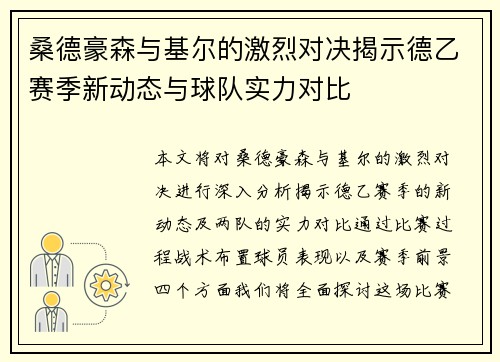 桑德豪森与基尔的激烈对决揭示德乙赛季新动态与球队实力对比