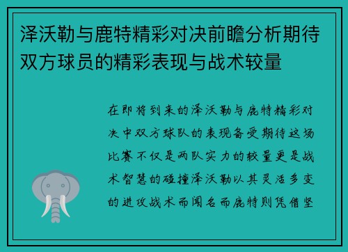 泽沃勒与鹿特精彩对决前瞻分析期待双方球员的精彩表现与战术较量