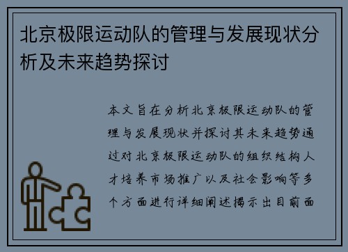 北京极限运动队的管理与发展现状分析及未来趋势探讨