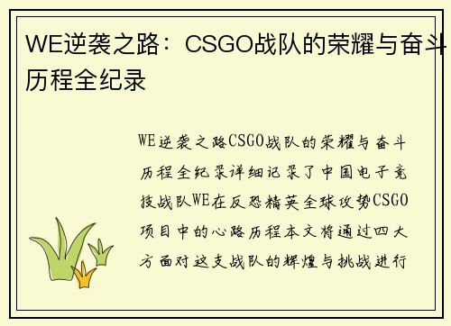WE逆袭之路：CSGO战队的荣耀与奋斗历程全纪录